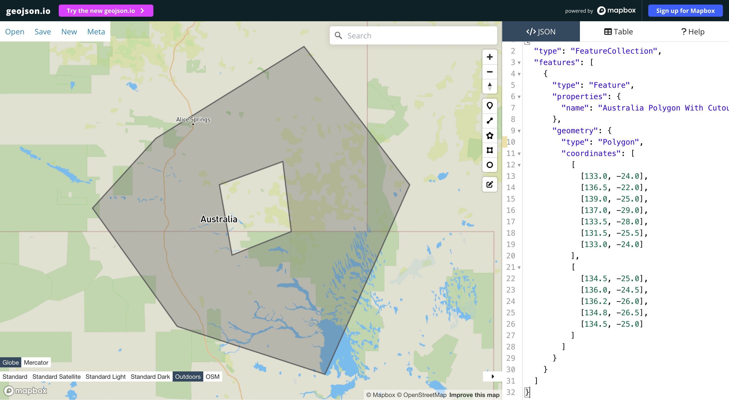 GeoJSON polygon with cutout visualized GeoJSON polygon with cutout visualized